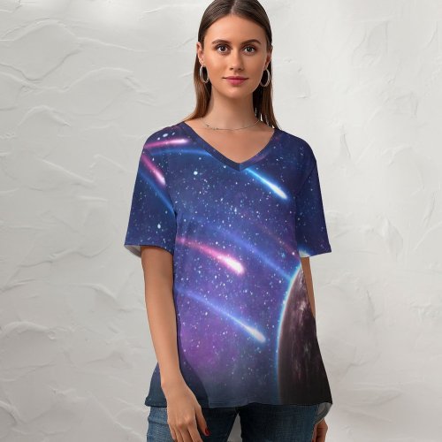 yanfind V Neck T-shirt for Women Space Planet Comet Galaxy Asteroids Colorful Summer Top  Short Sleeve Casual Loose