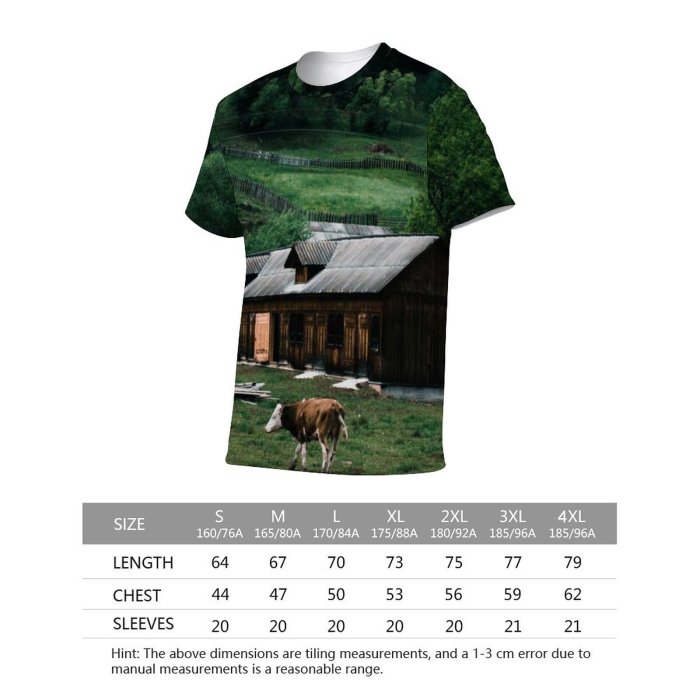 yanfind Adult Full Print T-shirts (men And Women) Wood Landscape Agriculture Farm Grass Hut Fence Home Outdoors Cow Rural Family