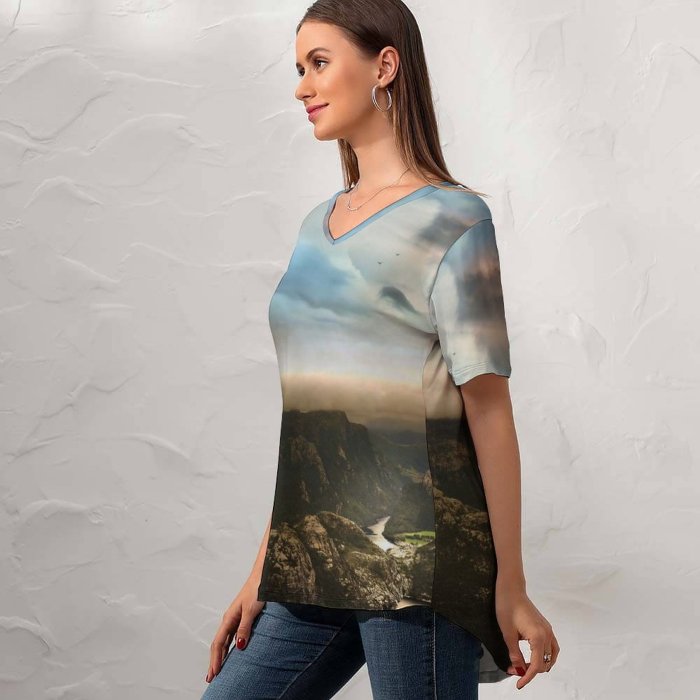 yanfind V Neck T-shirt for Women Robin Kamp Pulpit Rock Preikestolen Cliff Norway Cloudy Sky Mountains Landscape Stormy Summer Top  Short Sleeve Casual Loose