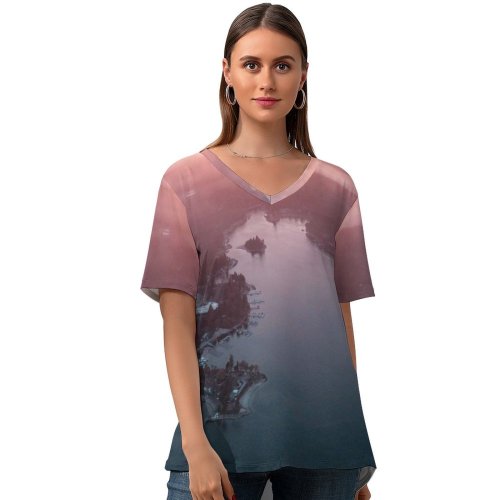 yanfind V Neck T-shirt for Women Fog Mist River Aerial Quiet Wallpapers Lake Mountain Tree Free States Summer Top  Short Sleeve Casual Loose