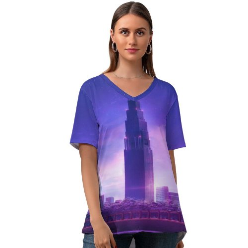 yanfind V Neck T-shirt for Women RicoDZ Cityscape Skyscraper Evening Traffic Purple Summer Top  Short Sleeve Casual Loose