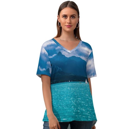 yanfind V Neck T-shirt for Women Olivier Miche Lake Thun Mountains Daytime Sailing Boats Summer Top  Short Sleeve Casual Loose