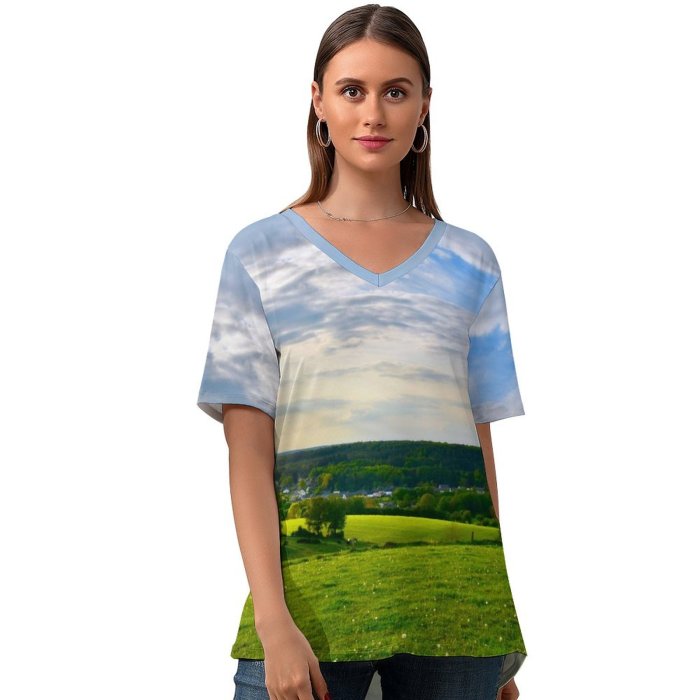 yanfind V Neck T-shirt for Women Land Grassland Grazing Grass Sky Wallpapers Meadow Plant Outdoors Chatillon Stock Summer Top  Short Sleeve Casual Loose