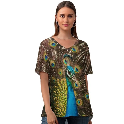 yanfind V Neck T-shirt for Women Peafowl Peacock Indian Peafowl Peacock Train Summer Top  Short Sleeve Casual Loose