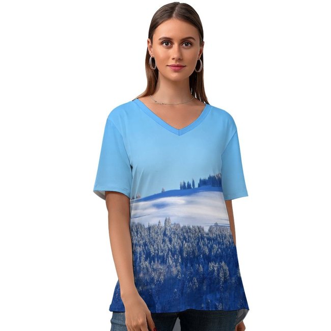 yanfind V Neck T-shirt for Women PIROD Winter Forest Snow Trees Hill Sky Clear Sky Sky Summer Top  Short Sleeve Casual Loose