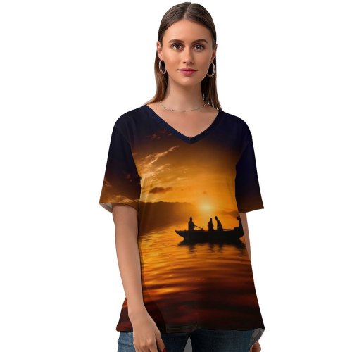 yanfind V Neck T-shirt for Women Sunset Boat Silhouette Dusk Summer Top  Short Sleeve Casual Loose