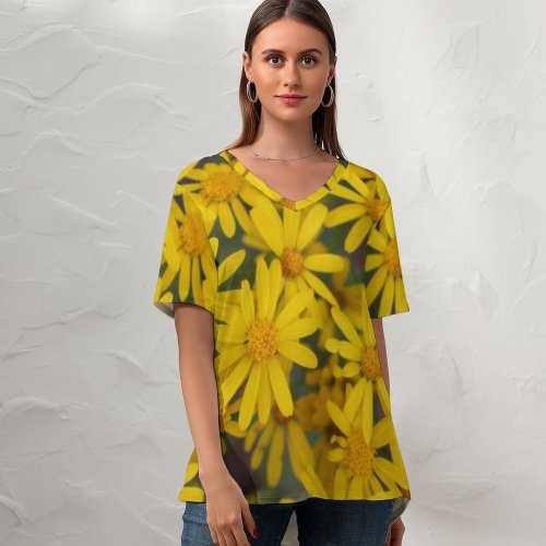 yanfind V Neck T-shirt for Women Spring Petal Aster Wallpapers Plant Asteraceae Pollen Free Pictures Daisy Flower Summer Top  Short Sleeve Casual Loose