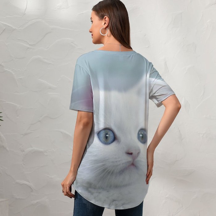 yanfind V Neck T-shirt for Women Lovely Wallpapers Pictures Pet Kitten Angora Stock Free Cute Cat Summer Top  Short Sleeve Casual Loose