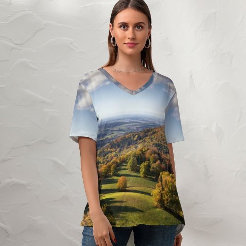 yanfind V Neck T-shirt for Women Sven Muller Castle Landscape Meadow Autumn Trees Scenery Cloudy Sky Aerial Horizon Summer Top  Short Sleeve Casual Loose