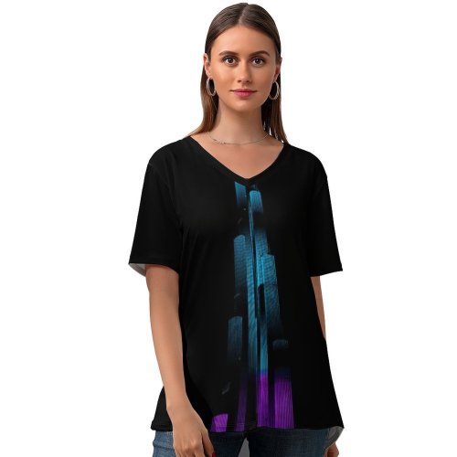 yanfind V Neck T-shirt for Women Ovca Productions Black Dark Architecture Burj Khalifa Night Illumination Night Lights Light Summer Top  Short Sleeve Casual Loose