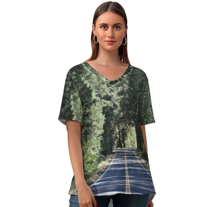 yanfind V Neck T-shirt for Women Open Land Sun Flora Quiet Wallpapers Plant Outdoors Tree Free Trip Summer Top  Short Sleeve Casual Loose