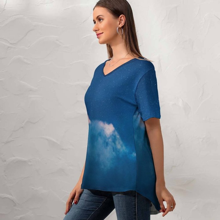 yanfind V Neck T-shirt for Women Cerqueira Starry Sky Clouds Sky Night Summer Top  Short Sleeve Casual Loose