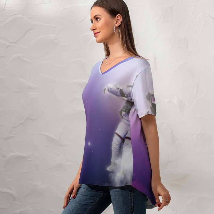 yanfind V Neck T-shirt for Women Space Astronaut Nebula Clouds Space Travel Space Adventure Summer Top  Short Sleeve Casual Loose