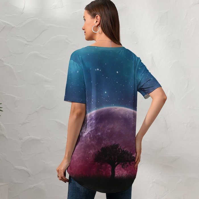 yanfind V Neck T-shirt for Women Space Lone Tree Planet Surreal Night Silhouette Starry Sky Summer Top  Short Sleeve Casual Loose
