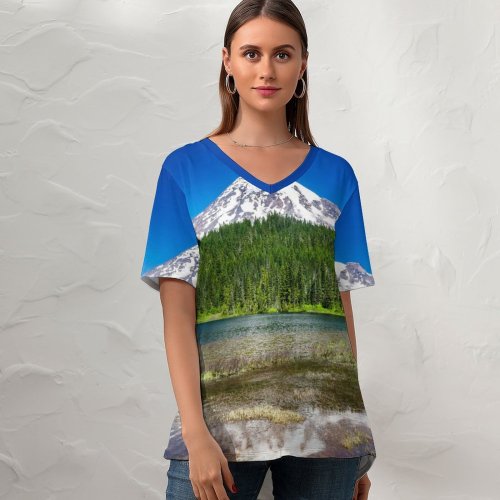 yanfind V Neck T-shirt for Women Youen California Mount Rainier National Park Washington State Landscape Lake Reflection Trees Summer Top  Short Sleeve Casual Loose