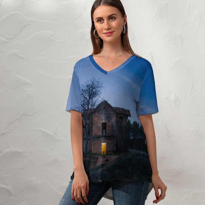 yanfind V Neck T-shirt for Women Ruins Twilight Night Shack Country Building HQ Wallpapers Outdoors Evening Free Summer Top  Short Sleeve Casual Loose