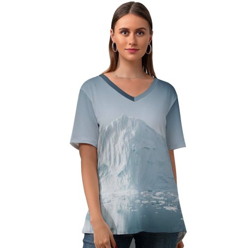 yanfind V Neck T-shirt for Women Polar Snow Wallpapers Mountain Outdoors Fjord Reflected Arctic Greenland Winter Refection Summer Top  Short Sleeve Casual Loose