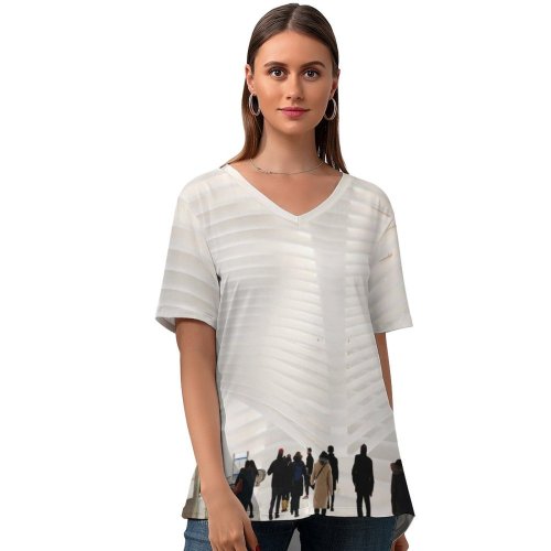yanfind V Neck T-shirt for Women Terminal Center Manhattan Lobby Wallpapers Architecture Airport Apparel Free York Trade Summer Top  Short Sleeve Casual Loose