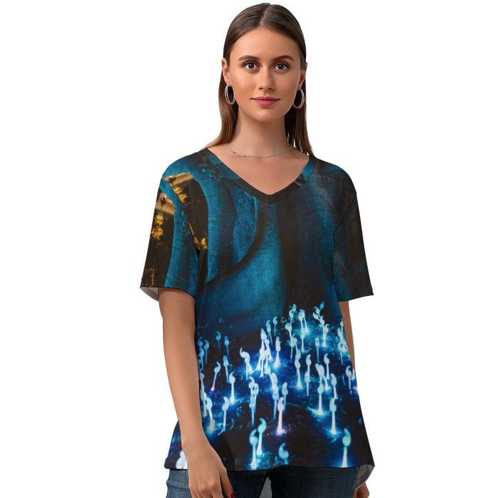 yanfind V Neck T-shirt for Women Vivid Night Darkness Fantasy Wallpapers Mushroom Tree Fountain Glowing Free Trunk Summer Top  Short Sleeve Casual Loose