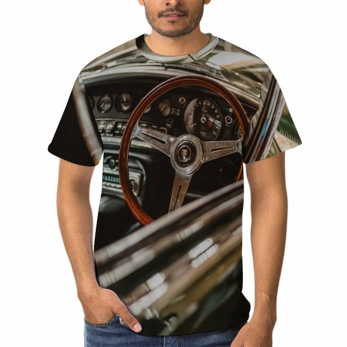 yanfind Adult Full Print T-shirts (men And Women) Vehicle Travel Chrome Speed Retro Drive Steering Wheel Dashboard Automotive Convertible