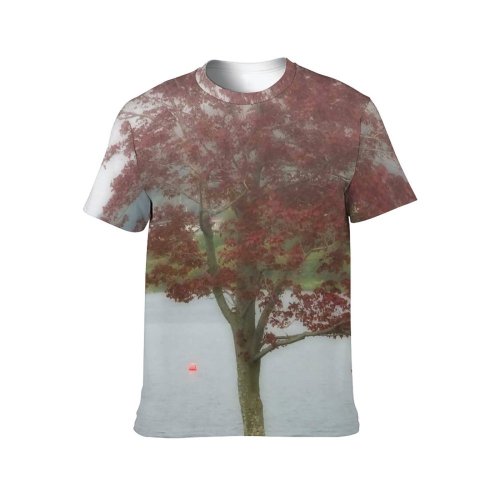 yanfind Adult Full Print Tshirts (men And Women) Maple Tree Lake Fog Bench Walk Trail Plant Park Beauty Empty