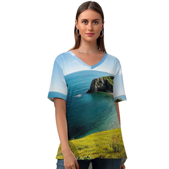 yanfind V Neck T-shirt for Women Youen California Durdle Door Coastline Beach Dorset England Summer Top  Short Sleeve Casual Loose