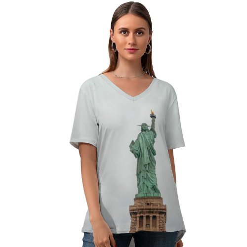yanfind V Neck T-shirt for Women Structure Freedom Building Nyc Overcast Public Island Wallpapers Architecture States York Summer Top  Short Sleeve Casual Loose