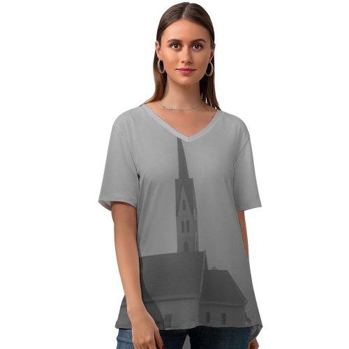 yanfind V Neck T-shirt for Women Italians Monumento Imigrante Fog Catholic Building Morro Boa Wallpapers Sc Ao Summer Top  Short Sleeve Casual Loose
