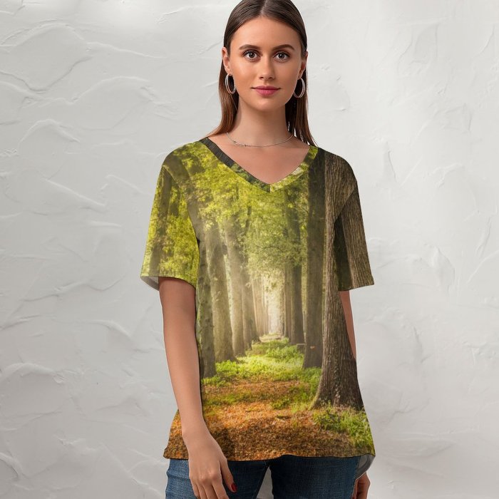 yanfind V Neck T-shirt for Women Skitterphoto Woodland Forest Trees Road Fallen Leaves Greenery Woods Sunshine Pathway Scenery Summer Top  Short Sleeve Casual Loose