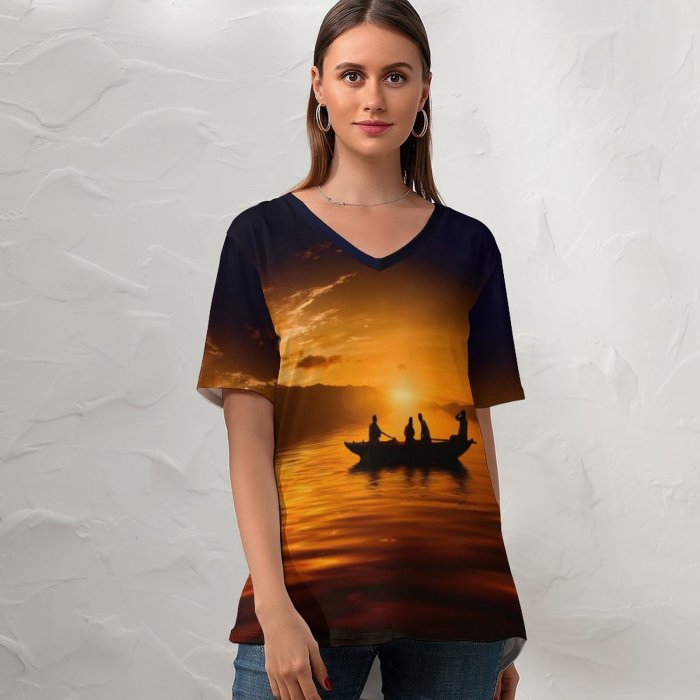 yanfind V Neck T-shirt for Women Sunset Boat Silhouette Dusk Summer Top  Short Sleeve Casual Loose