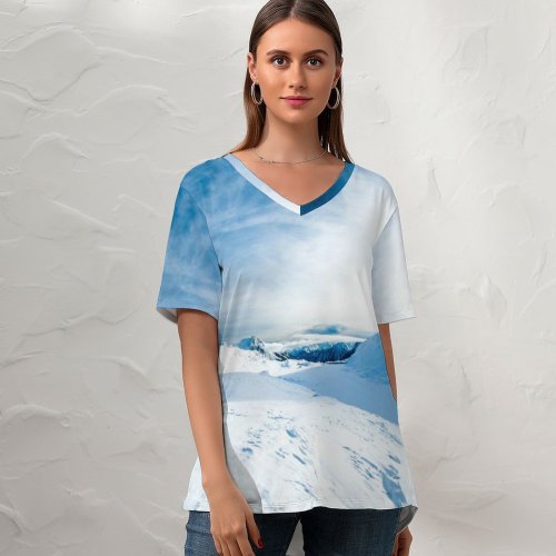 yanfind V Neck T-shirt for Women HQ Frost Alps Landscape Snow Sky Wallpapers Mountain Outdoors Cool Free Summer Top  Short Sleeve Casual Loose