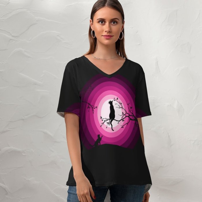 yanfind V Neck T-shirt for Women Suryapraveen Black Dark Minimal Cats Moon Silhouette Summer Top  Short Sleeve Casual Loose