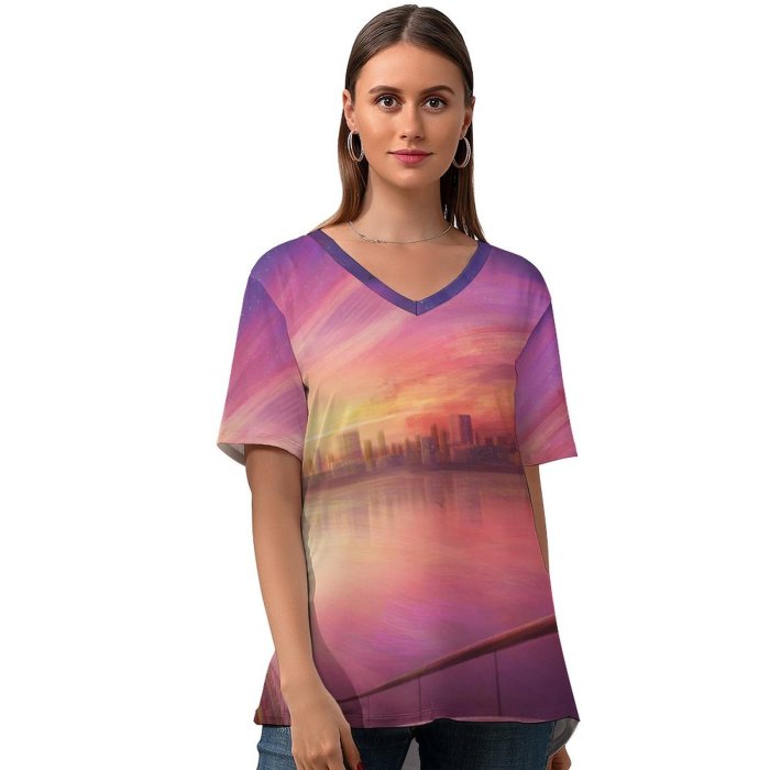 yanfind V Neck T-shirt for Women RicoDZ Fantasy Girl Dream Sunrise Artwork Cityscape Bridge Girly Summer Top  Short Sleeve Casual Loose