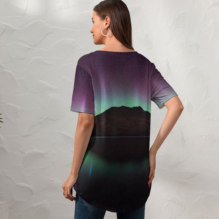 yanfind V Neck T-shirt for Women Cecil Peak Zealand Aurora Borealis Northern Lights Starry Sky Night Time Lake Summer Top  Short Sleeve Casual Loose