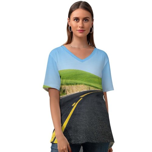 yanfind V Neck T-shirt for Women Youen California Meadow Road Landscape Scenery Beautiful Sky Clear Summer Top  Short Sleeve Casual Loose