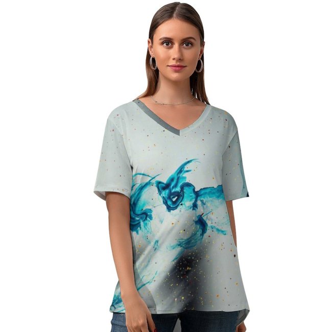 yanfind V Neck T-shirt for Women Splash Poetic Graphics Dream Wallpapers Imagination Dreamy Teal Spiritual Mystic Modern Summer Top  Short Sleeve Casual Loose