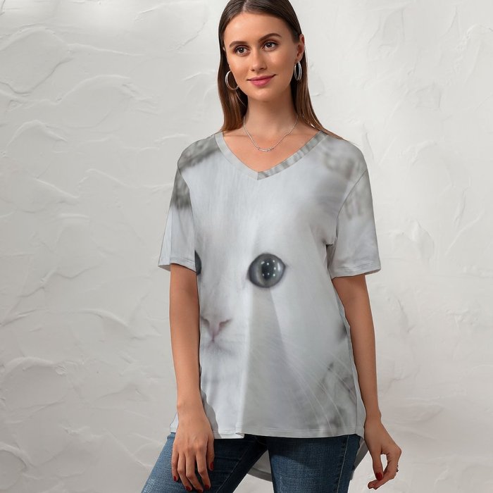yanfind V Neck T-shirt for Women Lovely Wallpapers Grey Pictures Pet Kitten Angora Free Cute Cat Summer Top  Short Sleeve Casual Loose