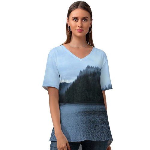yanfind V Neck T-shirt for Women Lakescape Ominous Fog Mist Landscape Public Wallpapers Lake Mountain Outdoors Tree Summer Top  Short Sleeve Casual Loose