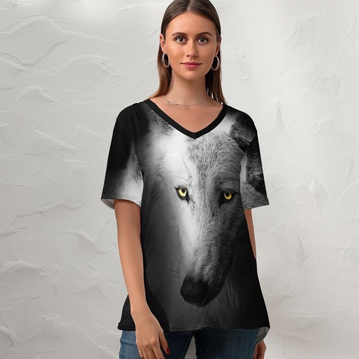 yanfind V Neck T-shirt for Women Randy Rodriguez Black Dark Wolf Wild Summer Top  Short Sleeve Casual Loose