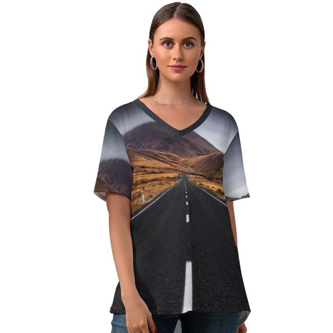 yanfind V Neck T-shirt for Women Sven Muller Lindis Pass Zealand Landscape Empty Road Misty Mountain Plateau Scenic Summer Top  Short Sleeve Casual Loose