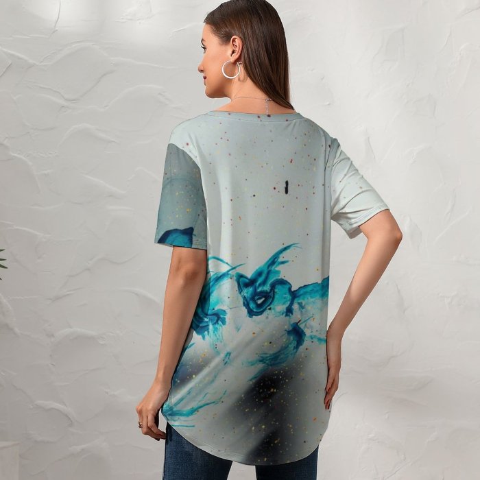 yanfind V Neck T-shirt for Women Splash Poetic Graphics Dream Wallpapers Imagination Dreamy Teal Spiritual Mystic Modern Summer Top  Short Sleeve Casual Loose