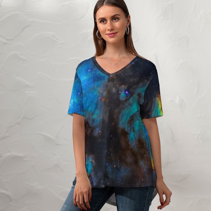 yanfind V Neck T-shirt for Women Space Pelican Nebula Cygnus Galaxy Astronomy Stars Cosmic Summer Top  Short Sleeve Casual Loose
