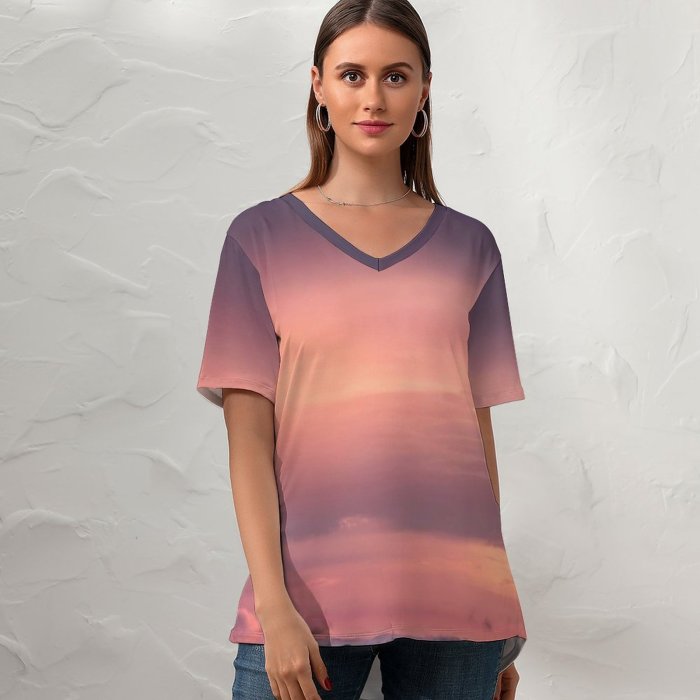 yanfind V Neck T-shirt for Women Romain Guy Sky Sunset Mountains Landscape Fog Clouds Dusk Sky Summer Top  Short Sleeve Casual Loose