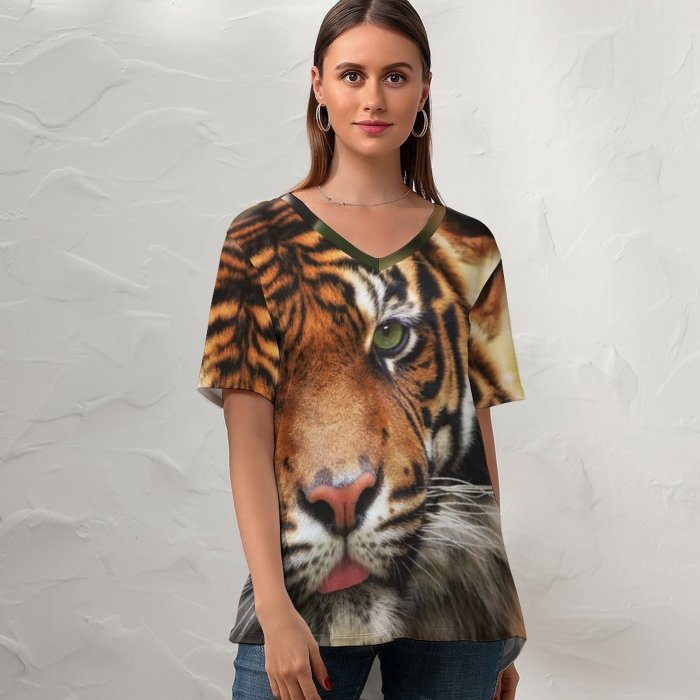 yanfind V Neck T-shirt for Women Ralf Seelert Tiger Big Cat Wildlife Closeup Predator Summer Top  Short Sleeve Casual Loose