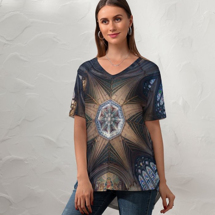 yanfind V Neck T-shirt for Women Otto Berkeley Ely Cathedral Ancient Architecture Cathedral Dome Stained Glass United Kingdom Summer Top  Short Sleeve Casual Loose