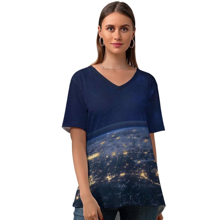 yanfind V Neck T-shirt for Women Space Earth Starry Sky Night Dark Summer Top  Short Sleeve Casual Loose