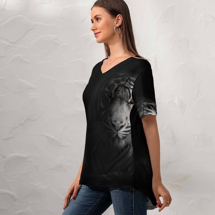 yanfind V Neck T-shirt for Women Randy Rodriguez Black Dark Tiger Bengal Tiger Summer Top  Short Sleeve Casual Loose