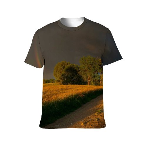 yanfind Adult Full Print T-shirts (men And Women) Wood Light Road Dawn Sunset Countryside Grass Tree Fall Outdoors Rainbow