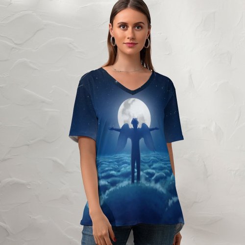 yanfind V Neck T-shirt for Women RicoDZ Fantasy Moon Above Clouds Dream Wings Night Moonlight Summer Top  Short Sleeve Casual Loose