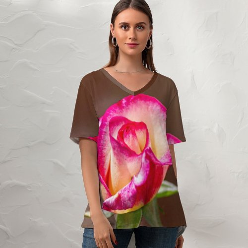 yanfind V Neck T-shirt for Women Sprout Geranium Floristry Plant Bud Rose Blossom Flower Garden Stock Petal Summer Top  Short Sleeve Casual Loose